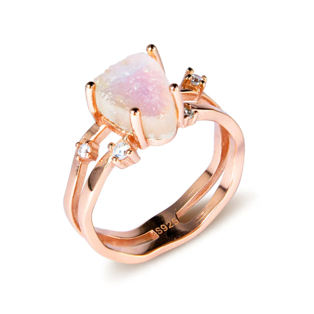 S925 silver irregular triangle ring with a moonstone, shown in rose gold, white gold, and yellow gold finishes.