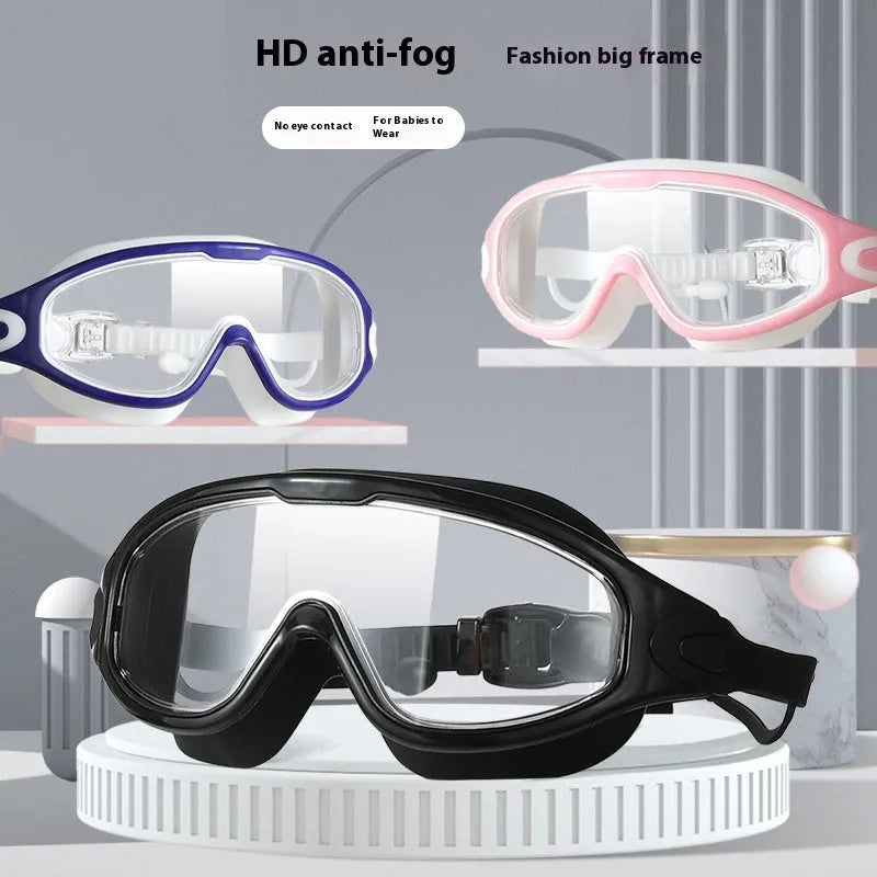 HD anti-fog large frame swimming goggles for adults, clear lenses