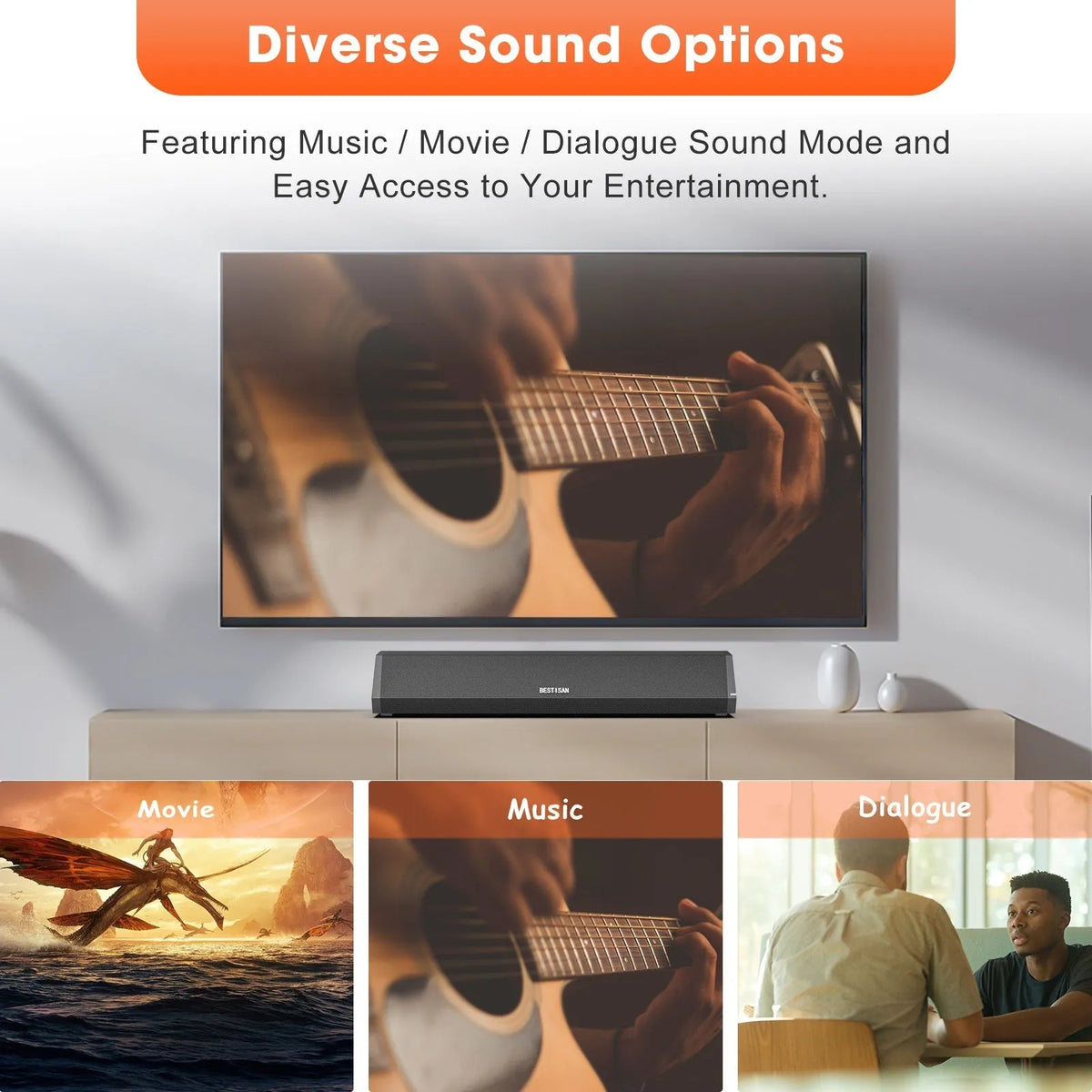 Black 40W wall soundbar with remote control, 420mm wide, HDMI and optical inputs for home TV audio