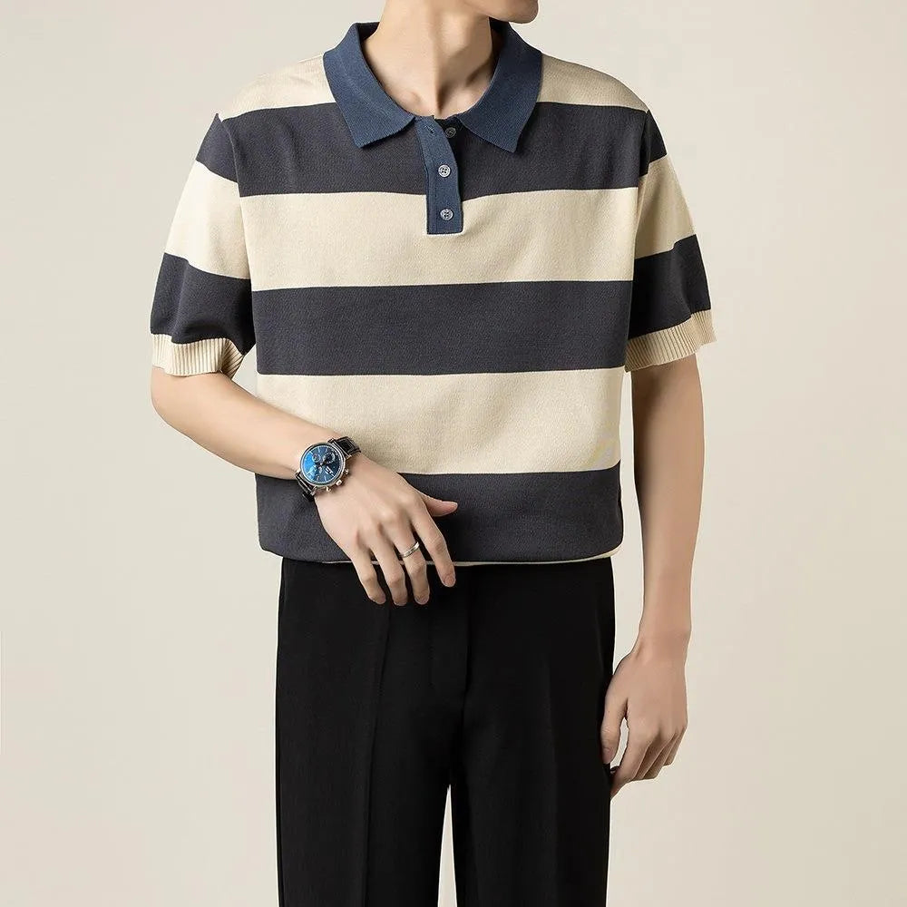 Business striped short-sleeved T-shirt men polyester, B226 black high quality option, front view