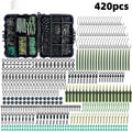 420-piece space beam fishing accessories set in a 12cm x 9.5cm x 3cm box with hooks, swivels, pins, and hoses