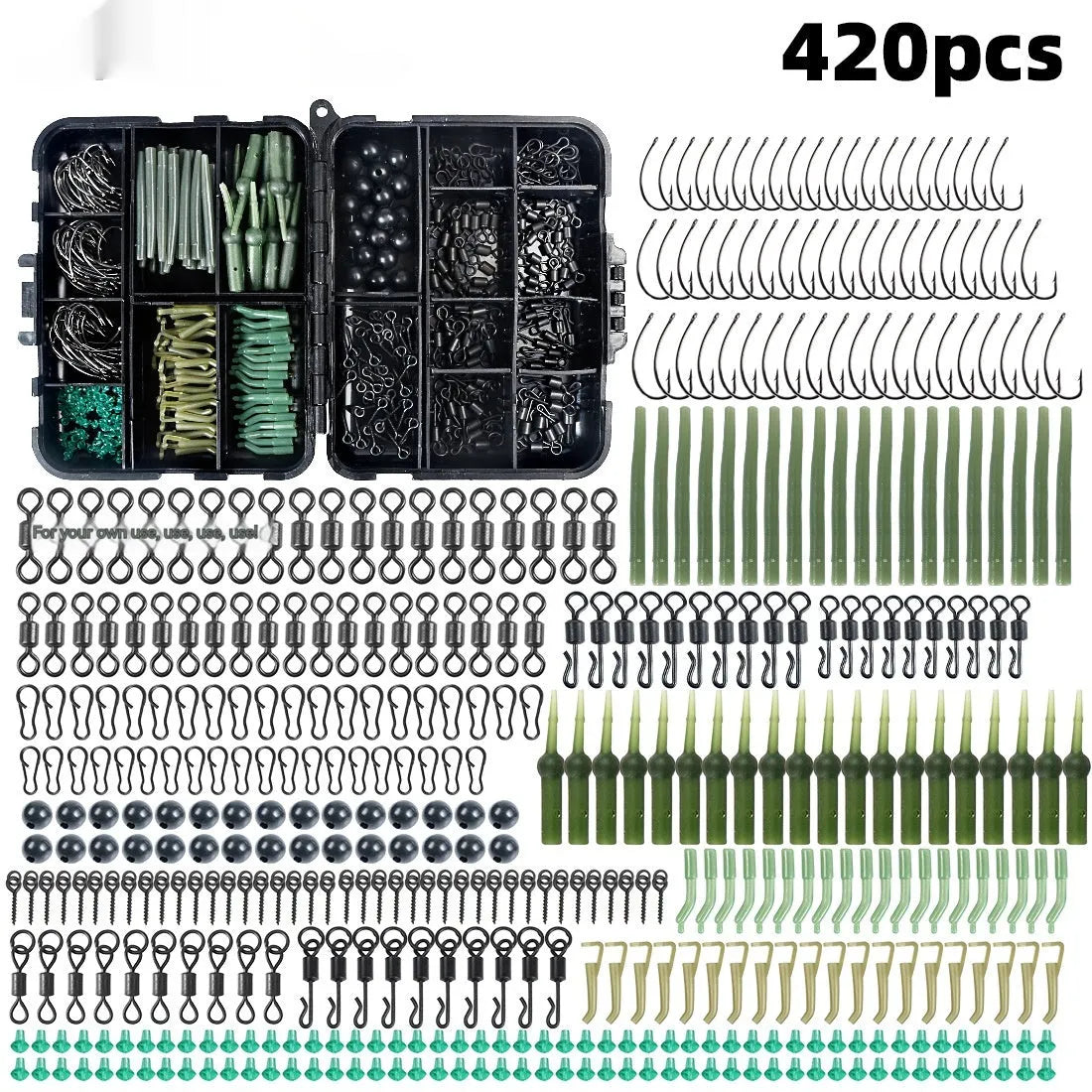 420-piece space beam fishing accessories set in a 12cm x 9.5cm x 3cm box with hooks, swivels, pins, and hoses