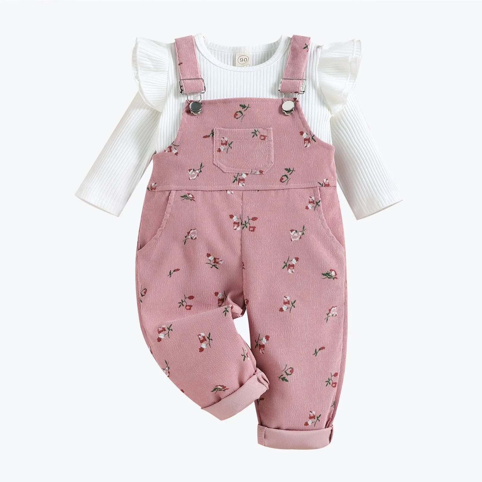 Girls long-sleeved printed cotton blouse and corduroy suspender trousers suit in pink