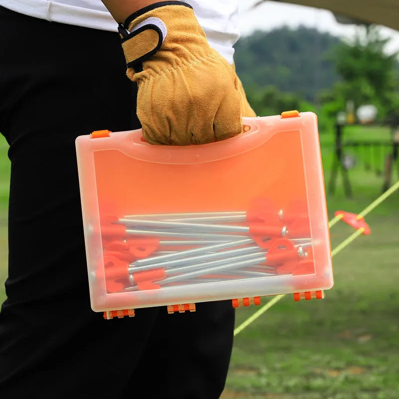 Boxed orange plastic tent stakes with small flat heads, 6.5x20.5mm, for outdoor camping ground fixing