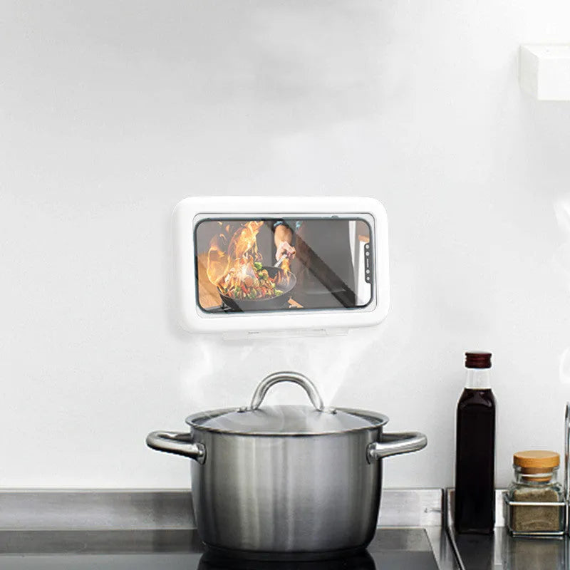Waterproof phone holder for shower with touch screen and anti-fog window in black, pink, or white