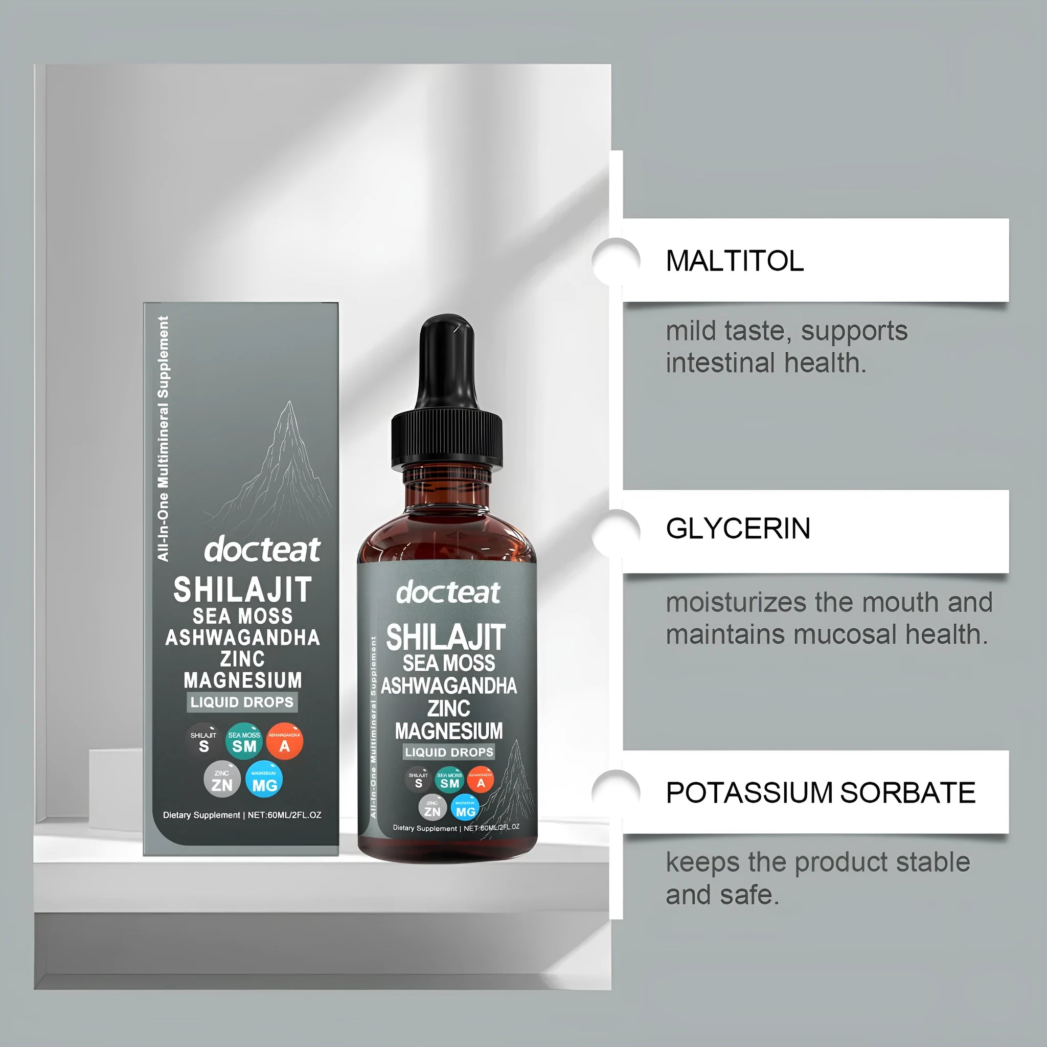 60ml bottle of intestinal balance dietary liquid supplement with droplet dispenser