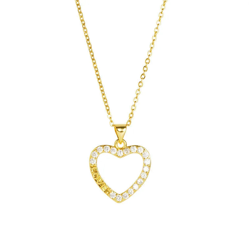 Heart-shaped copper alloy necklace and ear studs set with electroplated finish, O-ring chain, and butterfly design