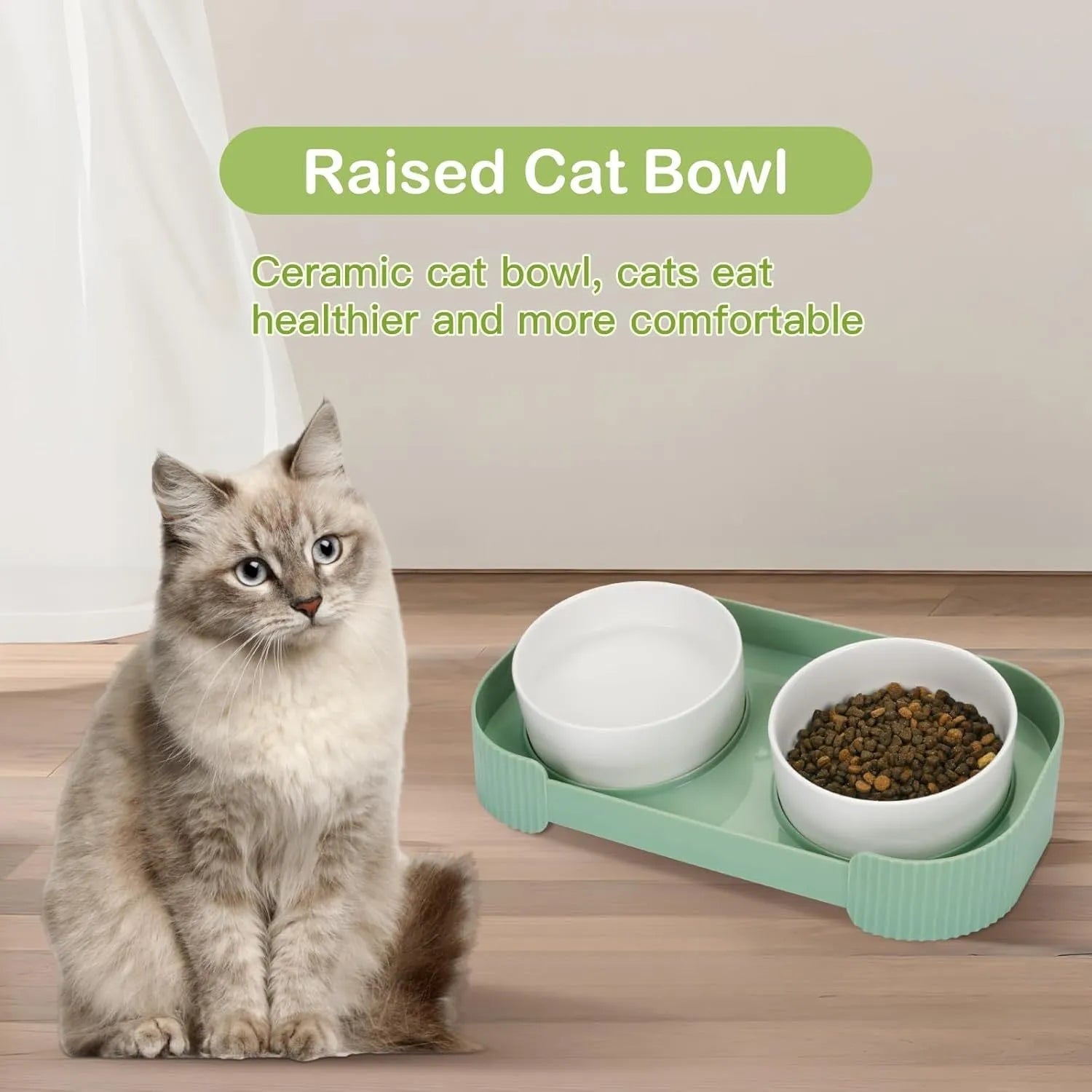 Green ceramic elevated cat bowl set with 15 degree tilt on a white base
