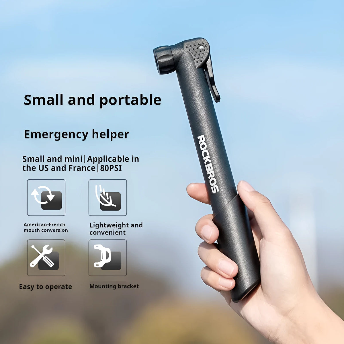 Portable mini bicycle tire inflator hand pump in black plastic, with valve nozzle, 80 PSI