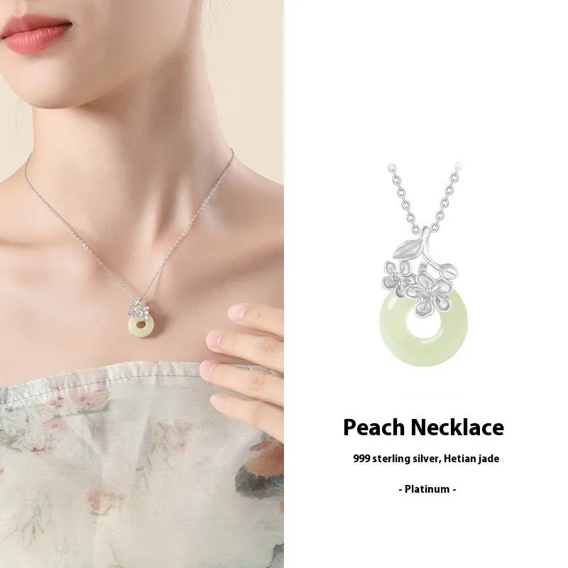 Silver necklace with Hetian jade safety buckle pendant on cross chain, adjustable 41-50cm