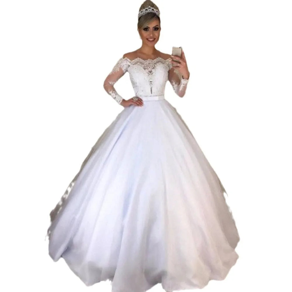 Off-shoulder V-neck white wedding dress with long swing skirt, thin satin and acrylic fibre, sizes S-XXXL