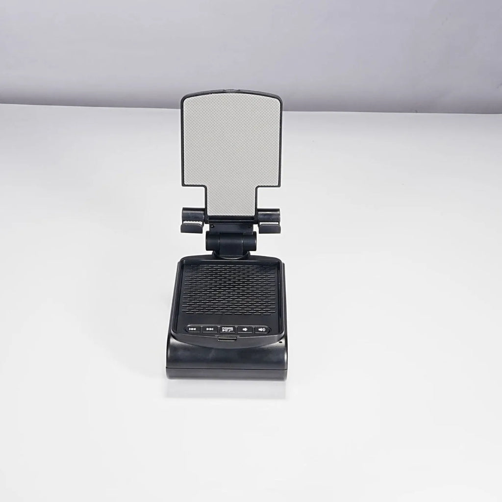 Multi-function lazy phone holder with Bluetooth audio speaker in black plastic, USB powered