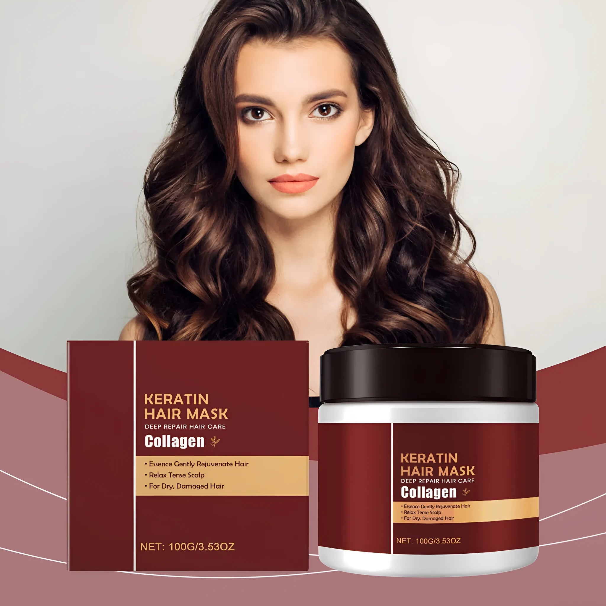 100g cube jar of keratin and collagen hair mask with aloe vera for moisturising and smoothing hair.