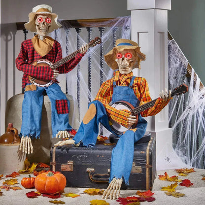 A glowing skeleton decoration holding a bandaged banjo, perfect for spooky Halloween displays