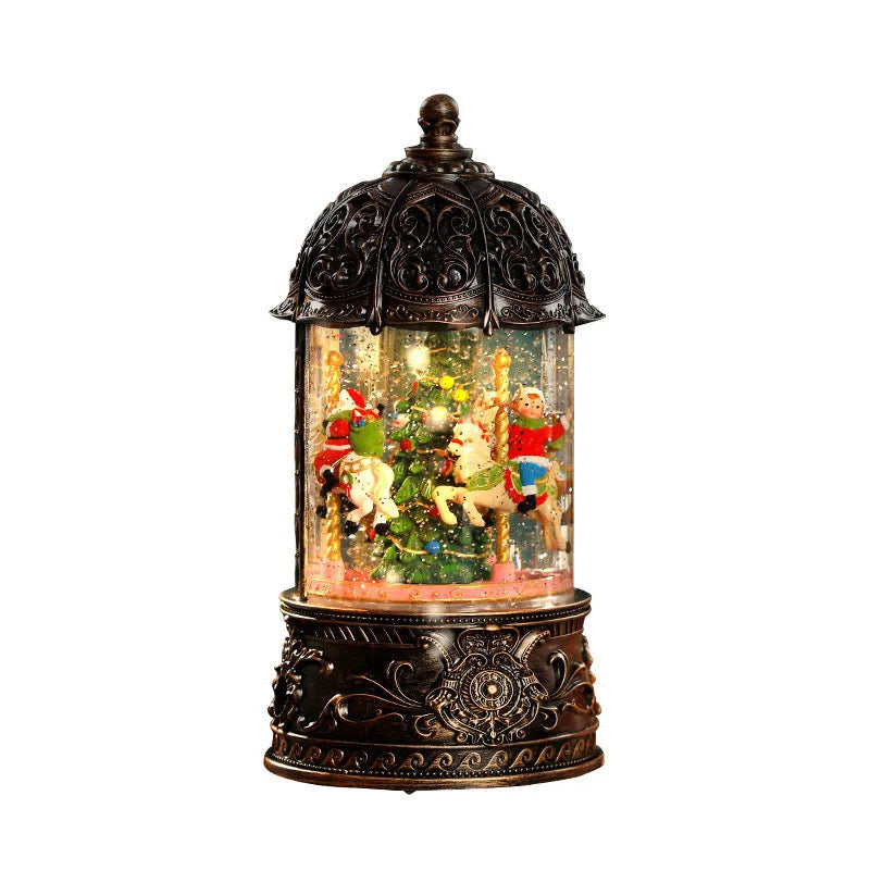 Christmas carousel music box with old man and tree motif, plastic, bronze colour, side view