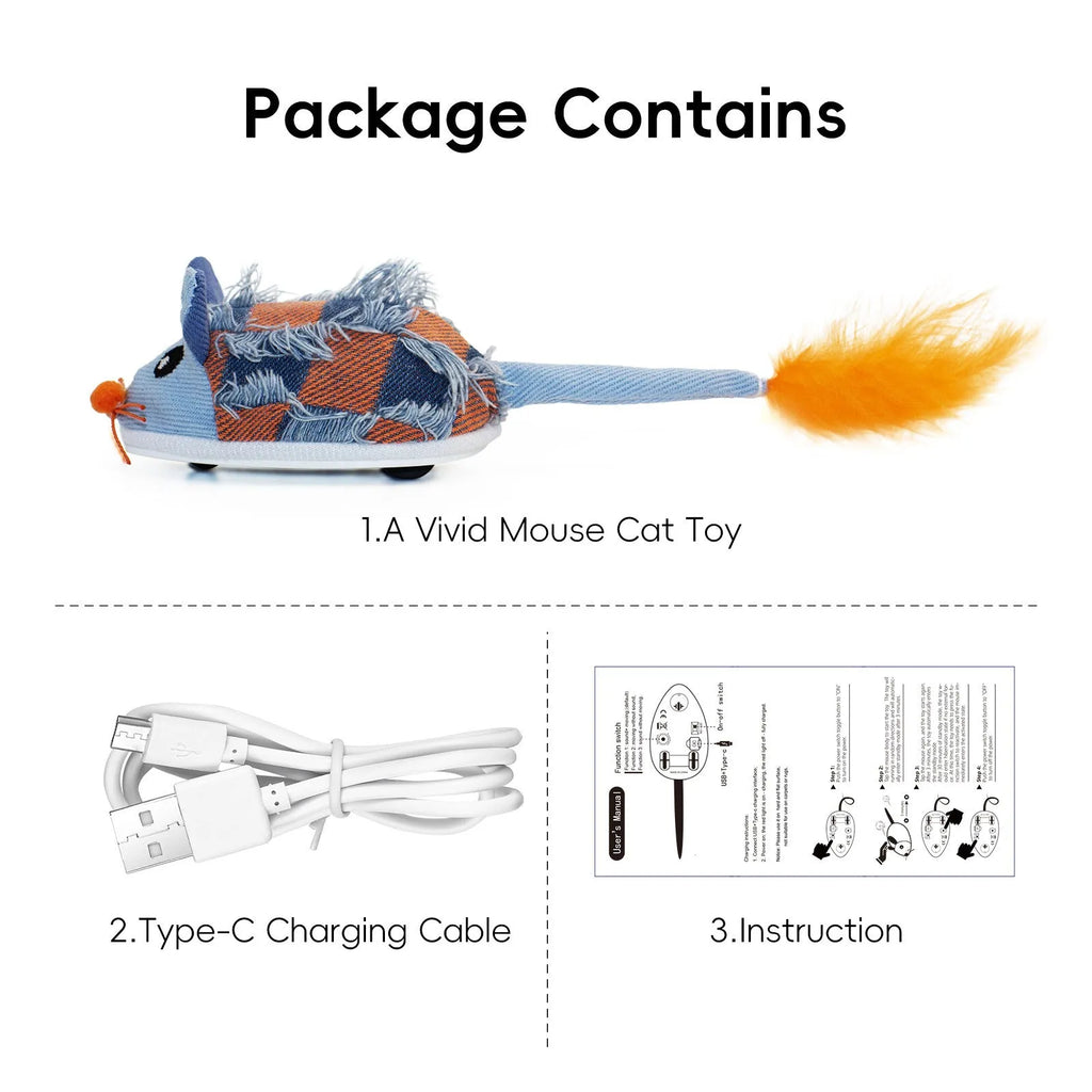 Blue electronic motion cat toy with moving mouse, sound box, and feather attachments for interactive play