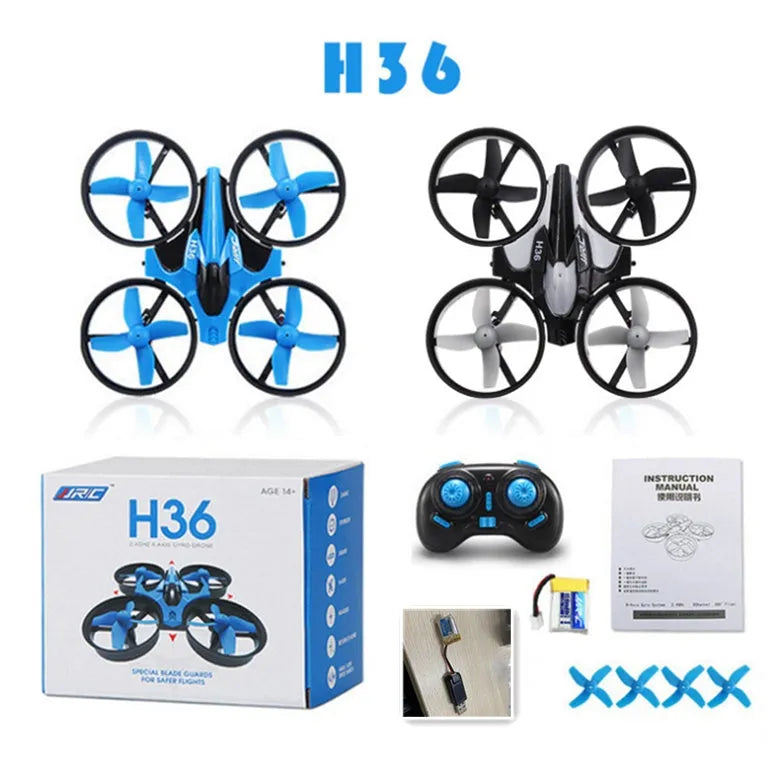 JJRC H36 mini drone in blue and grey with protective fan blades and remote control