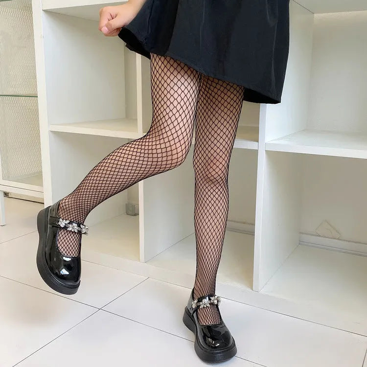 Women's black and white mesh stockings showing large, medium, and small net patterns.
