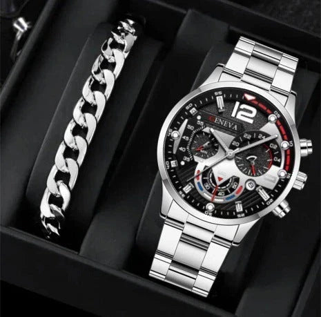 Stylish men's fashion watch and bracelet set with stainless steel case and leather strap, perfect for Valentine's Day gift