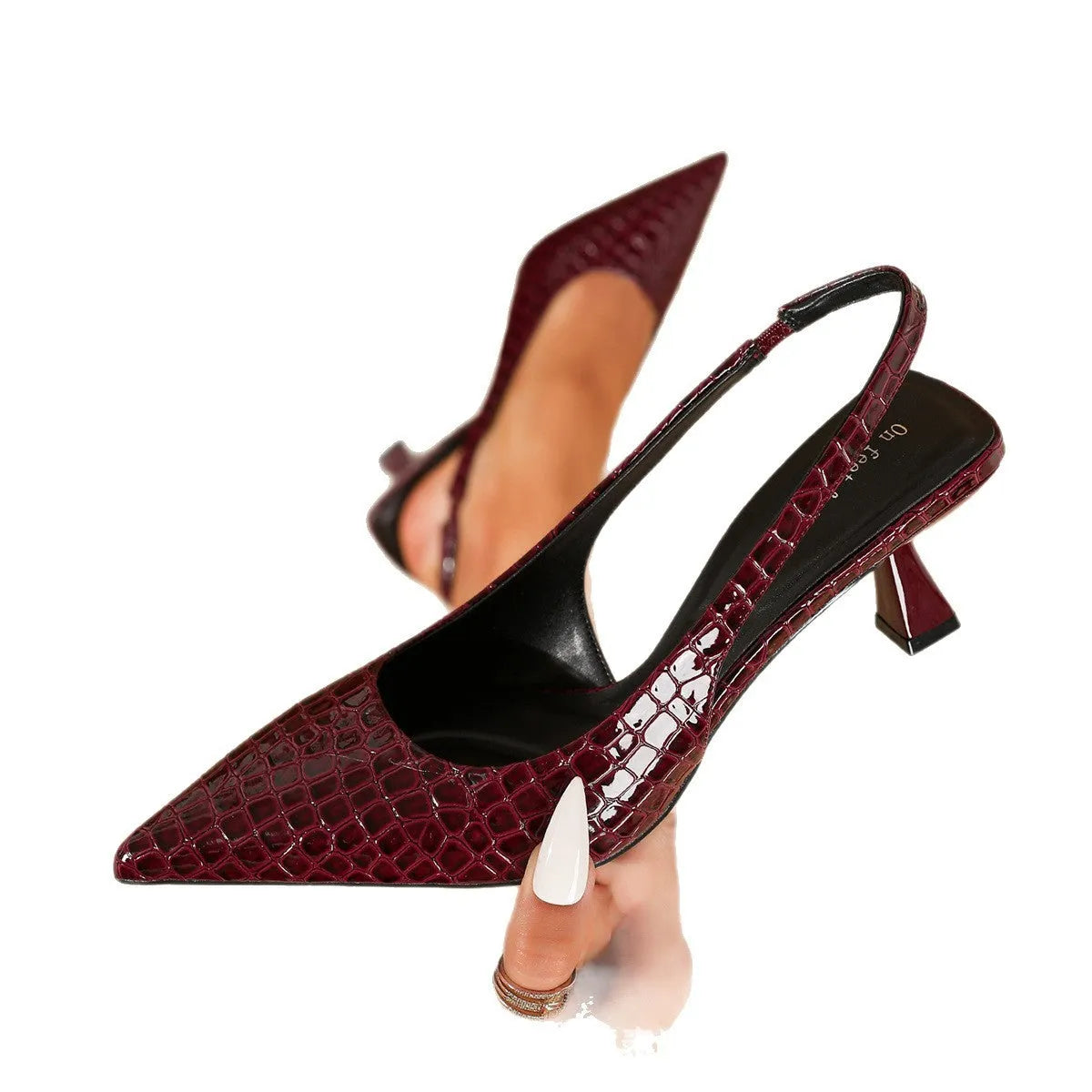 Black pointed toe slingback high heels with crystal pattern, cat heel and elastic band, mid heel 3-6cm