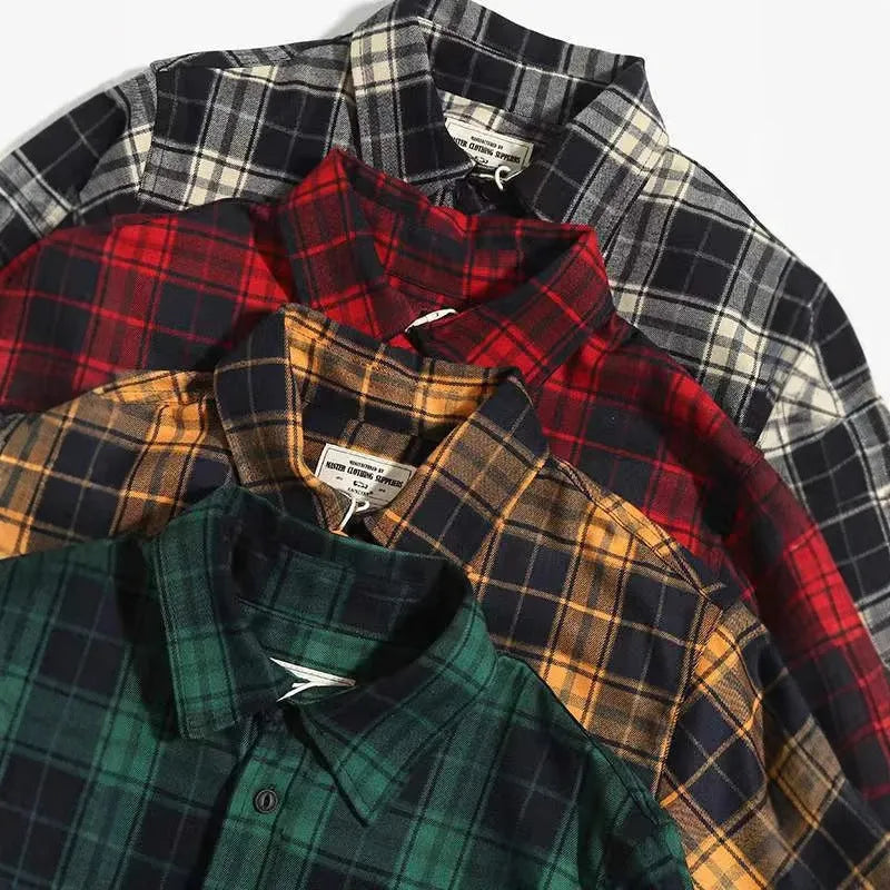 Men's thickened double pocket overalls long sleeve shirt in plaid pattern, loose cardigan fit, spandex blend, available in yellow