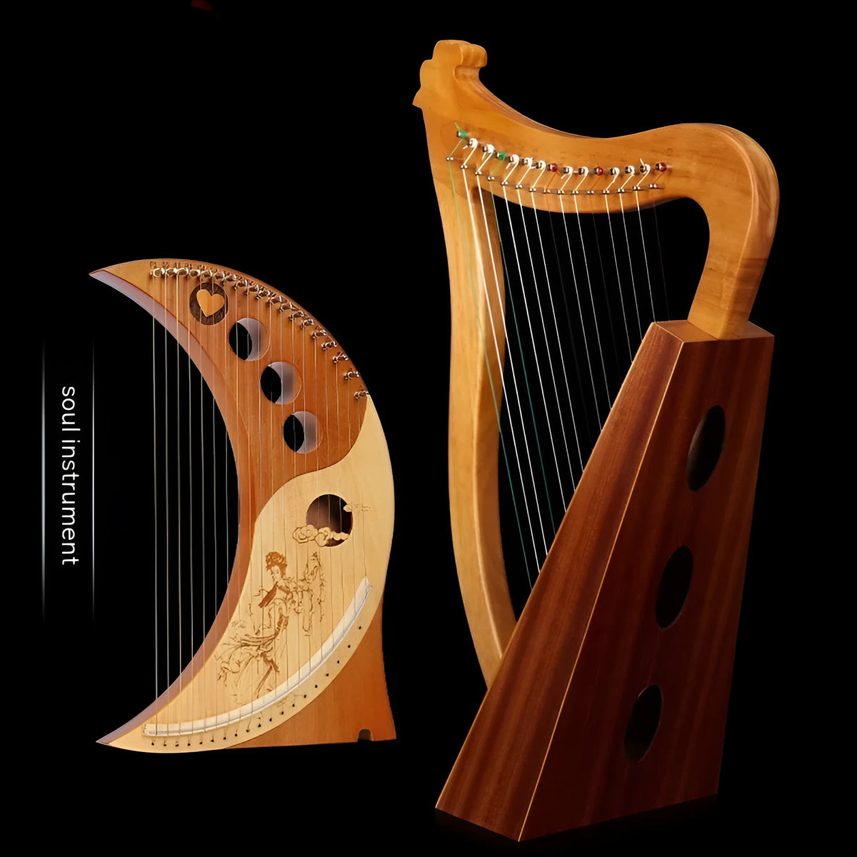 19-string 16-tone wood harp in log finish with lyre-style body for beginner musicians