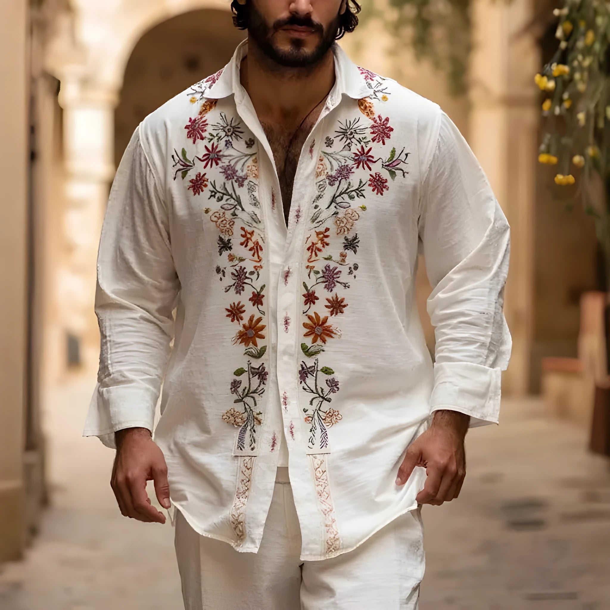 Men's retro style long sleeve cardigan in bamboo linen blend fabric shown in loose fit
