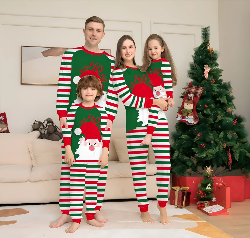Red stripe family Christmas pajamas matching set with long sleeves on a white background