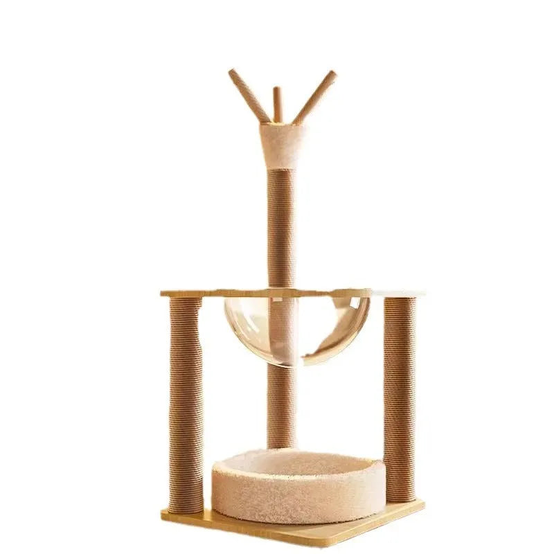 Wood colour cat climbing frame with integrated space capsule for indoor feline activities