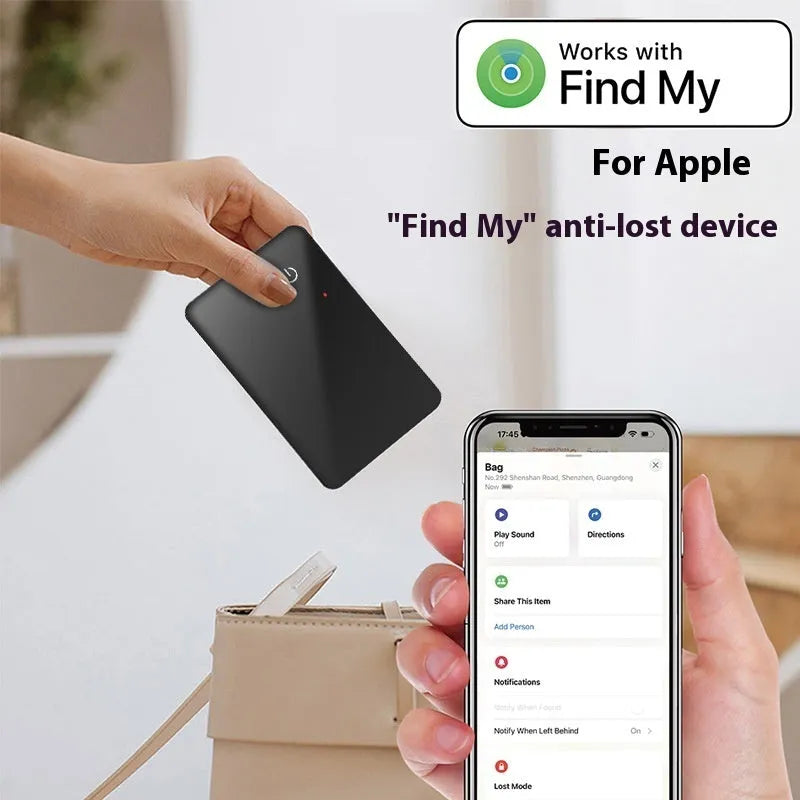 Black plastic pet tracking device with card shape, hanging hole, and wireless charging via NFC interface