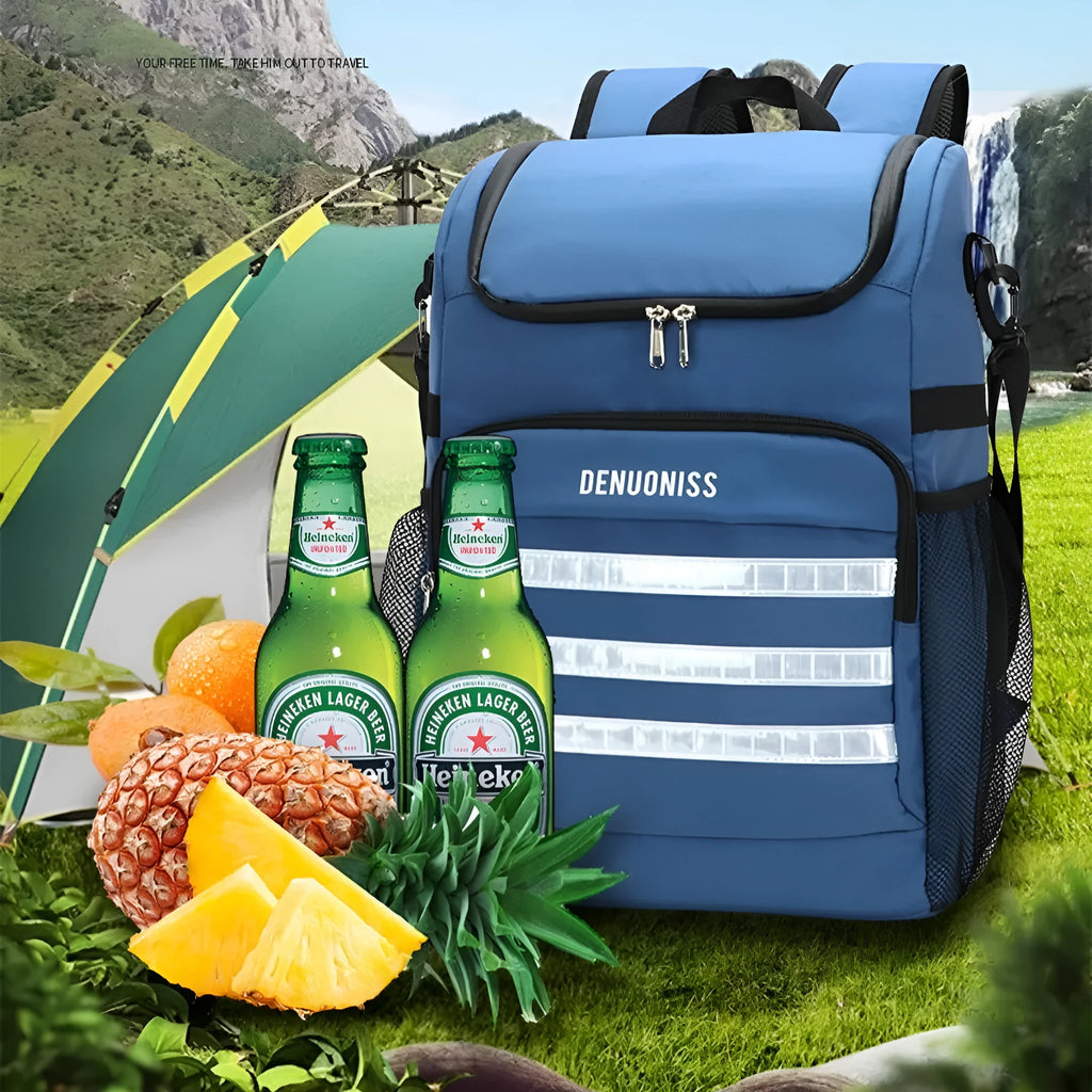 Black cloth backpack with built-in bottle opener showing 20-litre capacity and waterproof insulation