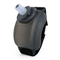 Orange wrist-mounted sports water bottle with Velcro strap for cycling and running hydration