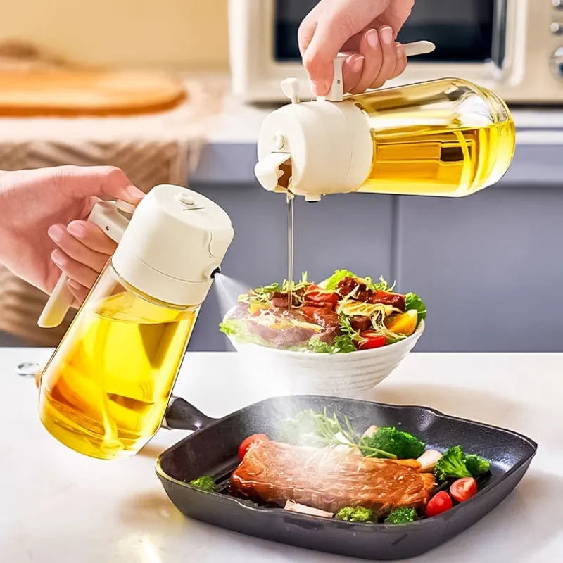 470ml glass oil sprayer dispenser in beige, yellow, green or black with spray and pour functions