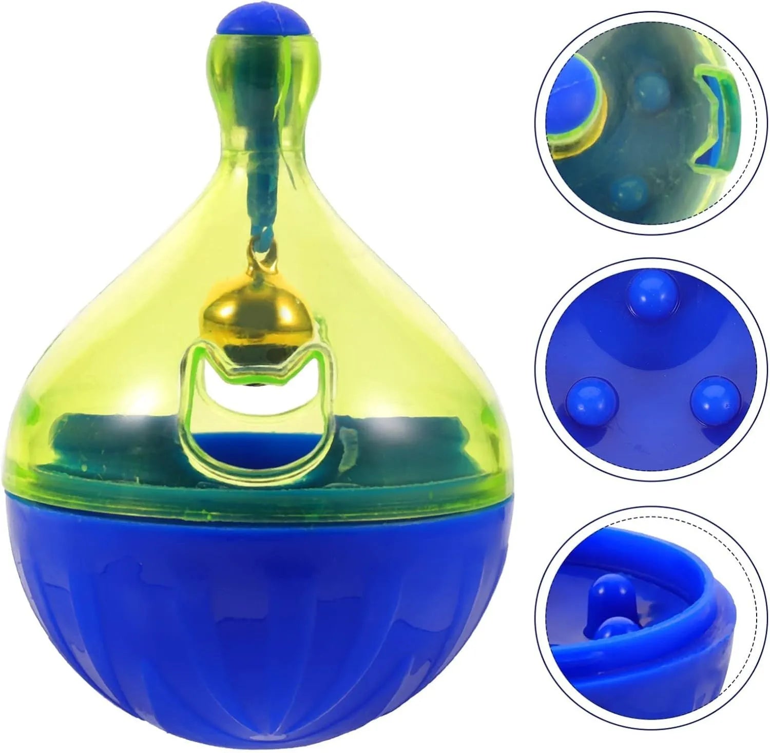 Blue and white tumbler-shaped plastic pet treat dispenser ball on a wooden floor.