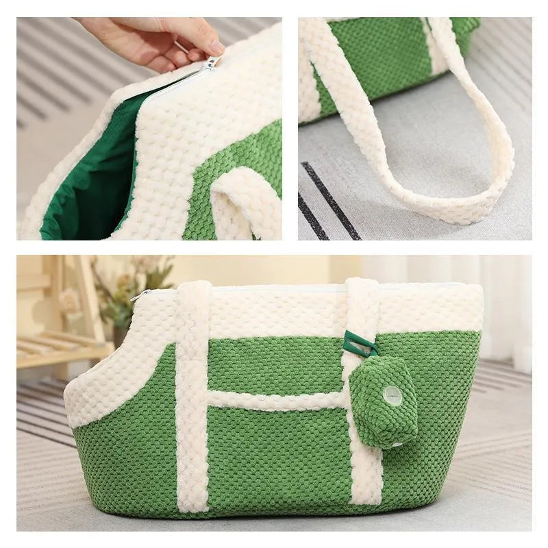 Shoulder cat bag with short plush lining in green, red stripes, or yellow colour options for small pet transport