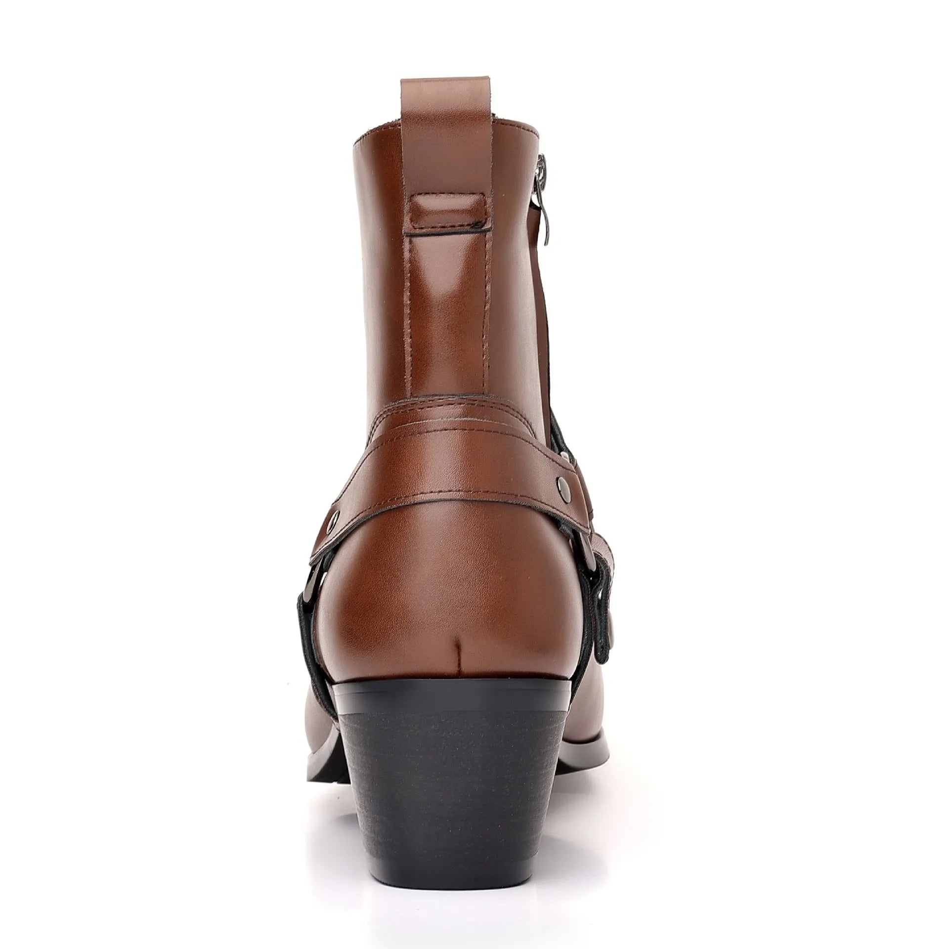 Black wild style unisex chain boots with side zipper and chunky horseshoe heel.