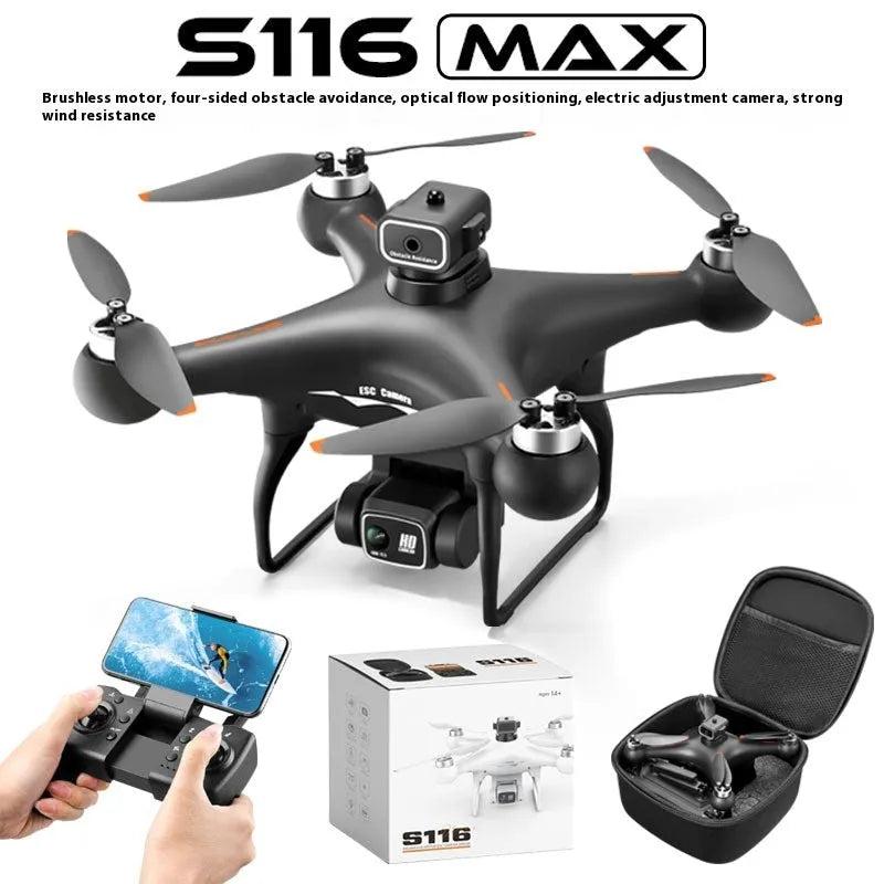 Black S116 brushless quadcopter drone with four propellers and a dual camera, shown with its remote control.