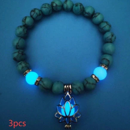 Luminous lotus charm bracelet with mesmerizing glow-in-the-dark beads, made of premium alloy and turquoise fluorescent stone