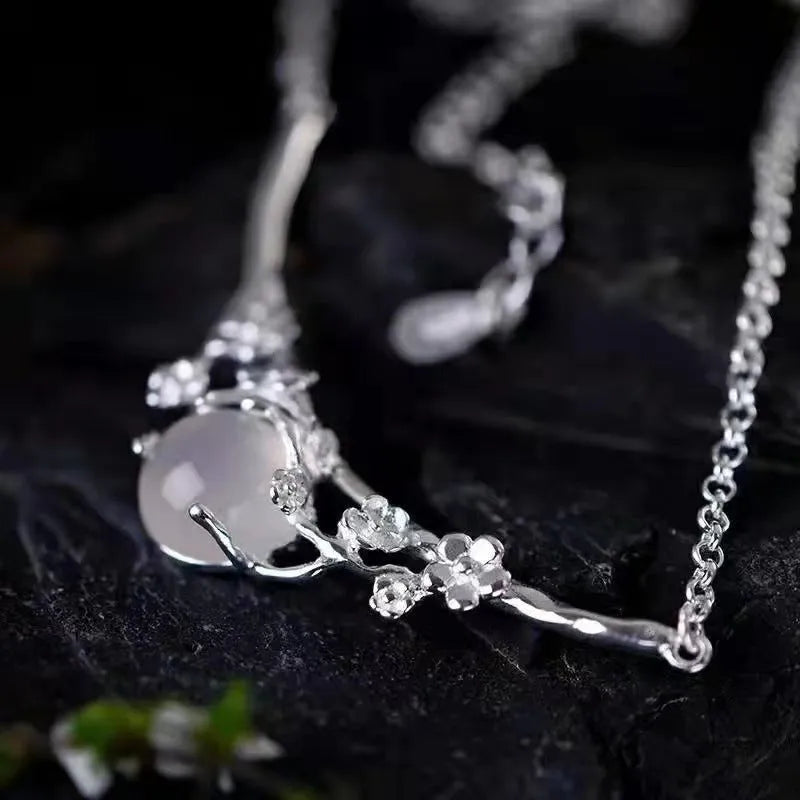 Plated 925 inlaid moonlight white chalcedony moon shadow cold plum necklace white gold copper pendant cross chain