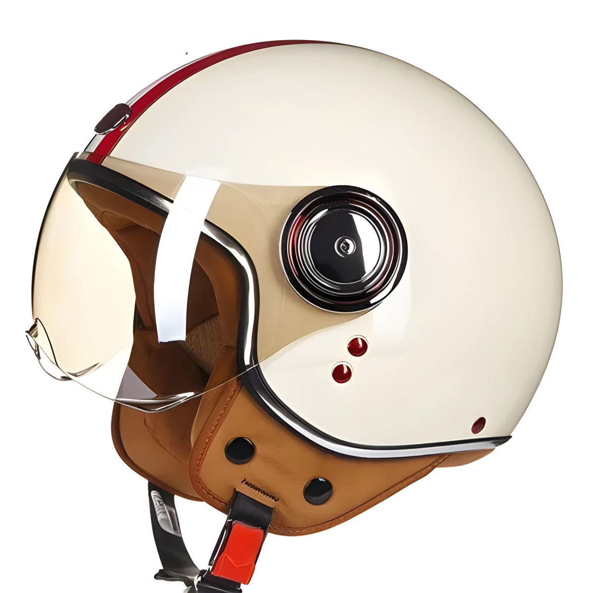 Adult motorcycle half helmet in red, showing ABS plastic shell and open-face design