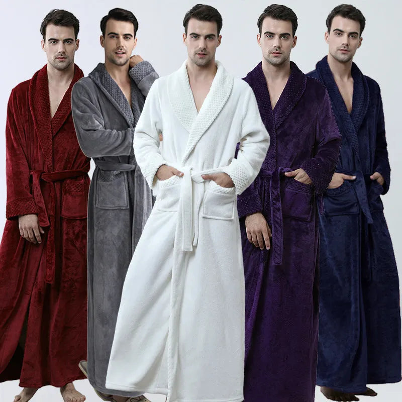 Men's winter coral fleece cardigan nightgown in thick flannel, long sleeves, available in multiple colours