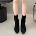 Women's brown square toe mid-calf boots with a side zipper and stiletto kitten heel on a waterproof platform sole