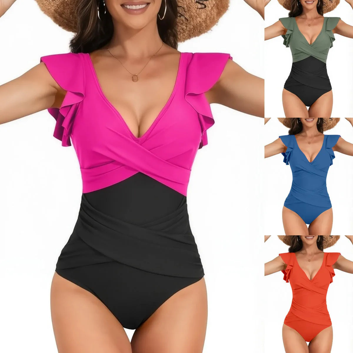 V-neck lotus leaf flying high waist backless one piece swimsuit in colour matching pattern, nylon fabric