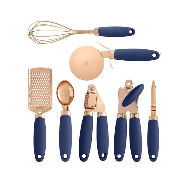 Seven-piece stainless steel kitchen tool set with copper plating on a matching storage rack.
