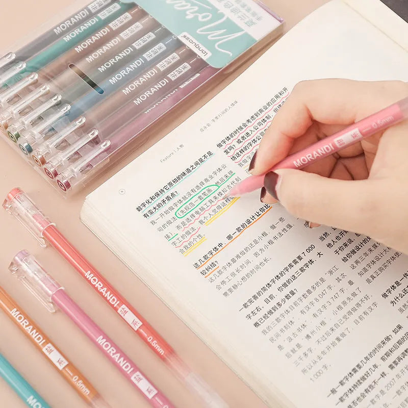 Set of nine solid colour gel pens with 0.5mm needle tips for student notes and journaling