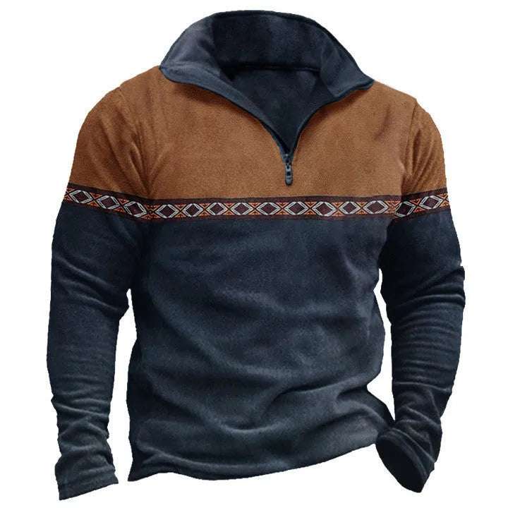 Retro patchwork design polo shirt with zip front in cotton blend fabric.