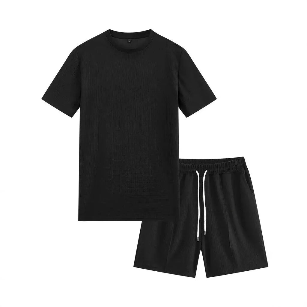 Men's waffle texture polyester summer set showing short sleeve blouse and matching shorts