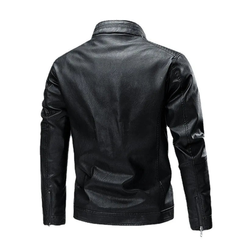 Men's PU leather motorcycle jacket with retro stitching, straight hem, available in black brown khaki and bright yellow