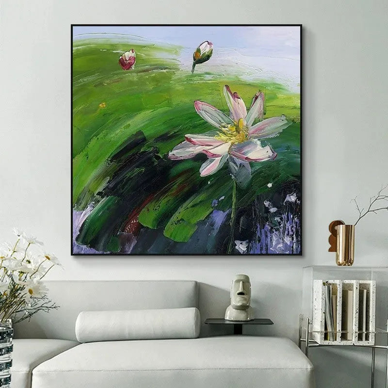 Hand-painted abstract countryside oil painting of rural landscape with lotus flowers on square canvas wall art