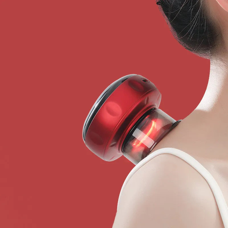 Black electric vacuum cupping massager with LED display and USB charging port on a white background.